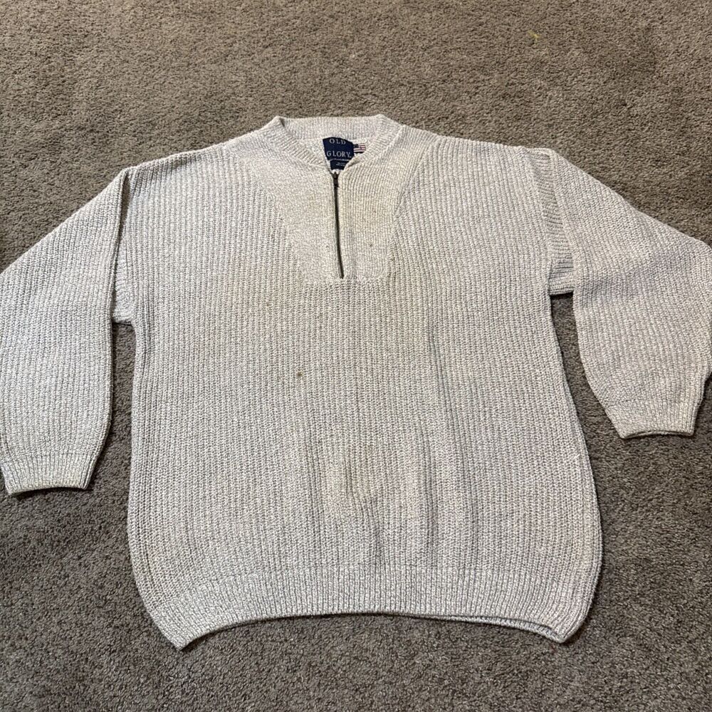 Vintage Old Glory‎ Mens Quarter Zip Pullover L Sweater 100% Cotton Chunky Knit